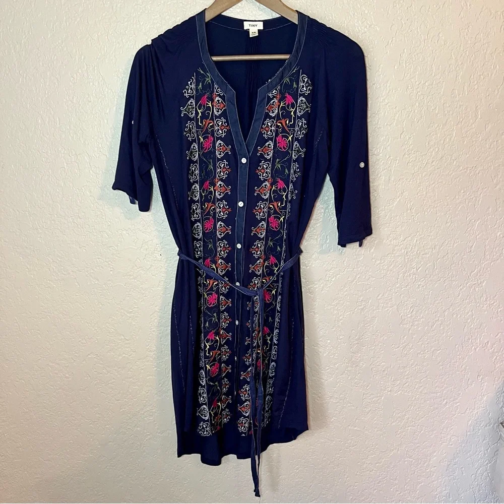 Anthropologie Tiny Embroidered Front Button Tunic Belted Dress Size XS - Picture 2 of 10